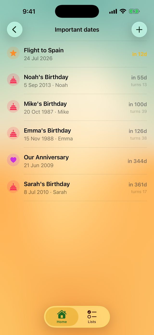 Important dates: a flight to Spain in 12 days, then birthdays and an anniversary.