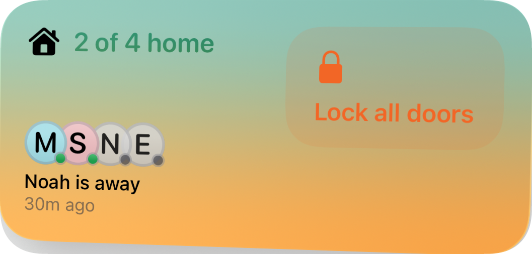 The Hearthkin Home Screen widget showing “2 of 4 home”, family initials and a Lock all doors button.