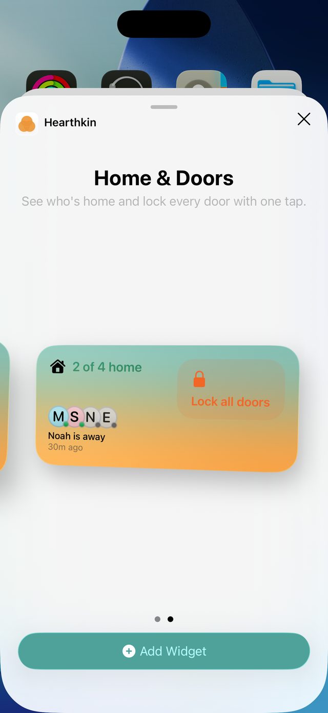 The Hearthkin Home Screen widget showing “2 of 4 home”, family initials and a Lock all doors button.